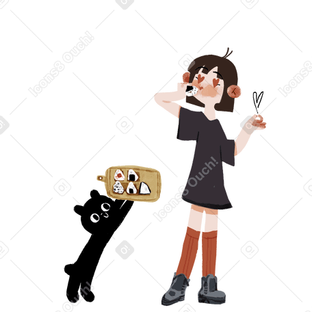 Cat serving onigiri to a girl PNG, SVG