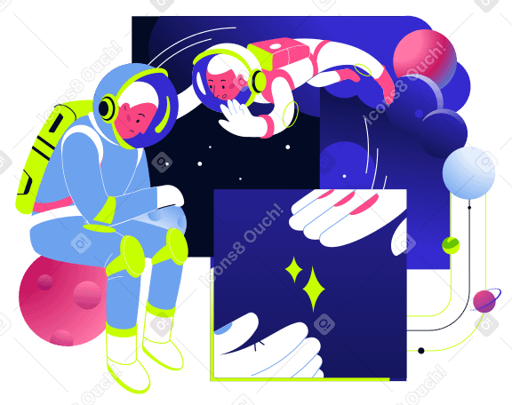 Astronaut gives support to a sad colleague sitting on the moon в PNG, SVG