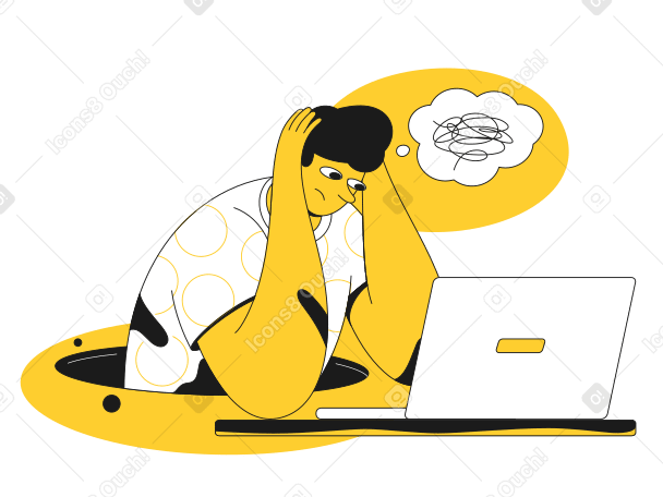 Расстроенный мужчина с тревогой сидит за ноутбуком в PNG, SVG