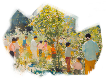 Картина маслом, изображающая общину, работающую в саду в PNG, SVG