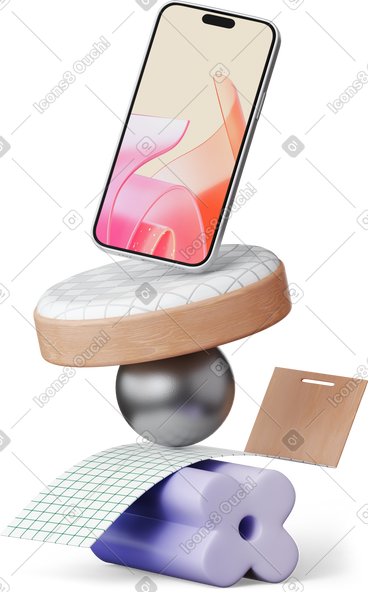 Smartphone standing on abstract shapes PNG, SVG