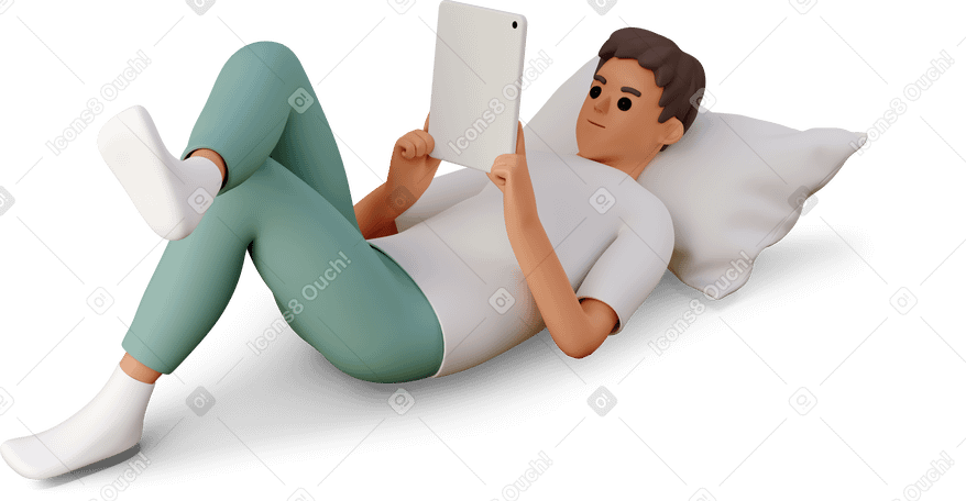 3D young man relaxing on pillow with tablet PNG, SVG