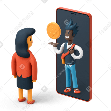 3D Man in phone advertising crypto to a woman PNG, SVG