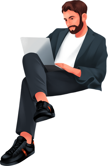 man in a suit sits with a laptop on his lap PNG, SVG