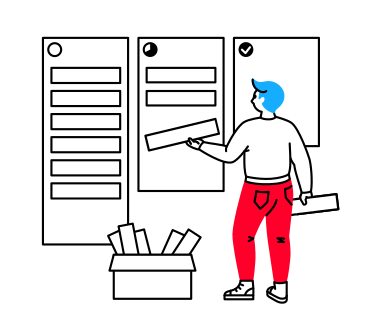 Man places cards on a Kanban board PNG, SVG