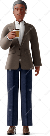 3D old businesswoman standing with paper coffee cup and smiling PNG, SVG
