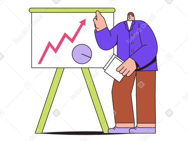 Man standing near board with graphs Illustration in PNG, SVG