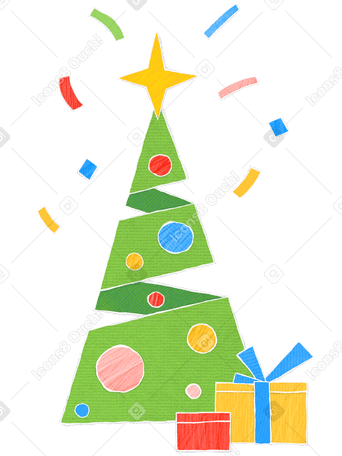 Green christmas tree with balloons and confetti and boxes of presents Illustration in PNG, SVG