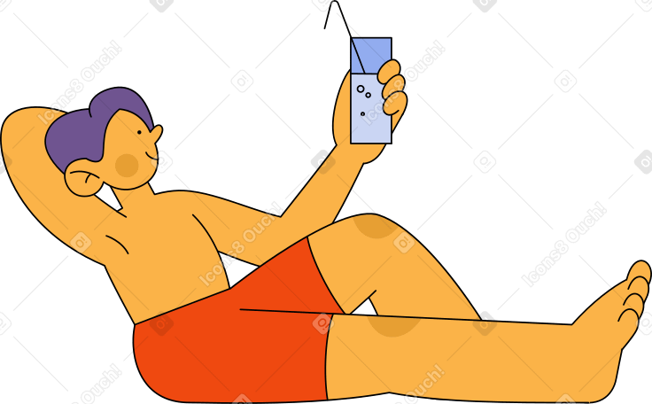 man in shorts sitting and holding glass of water Illustration in PNG, SVG