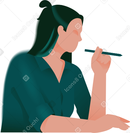 그녀의 손에 펜을 가진 여자는 측면보기를 구부린다 PNG, SVG