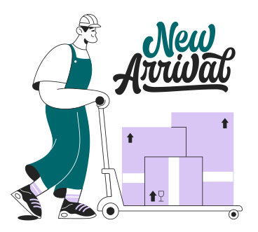 Schriftzug „new arrival“ mit lader zieht einen wagen mit kistentext PNG, SVG