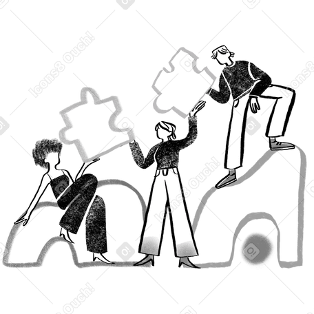 Black and white teamwork people passing puzzle pieces to each other Illustration in PNG, SVG
