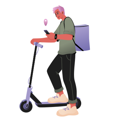 Delivery man with a phone on an electric scooter PNG, SVG