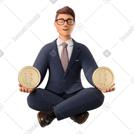 3D Businessman meditating with bitcoins in hands PNG, SVG