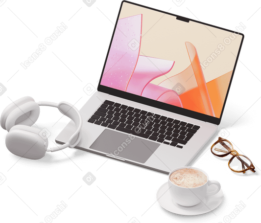 3D isometric view of laptop, headphones, cup of coffee, glasses PNG, SVG