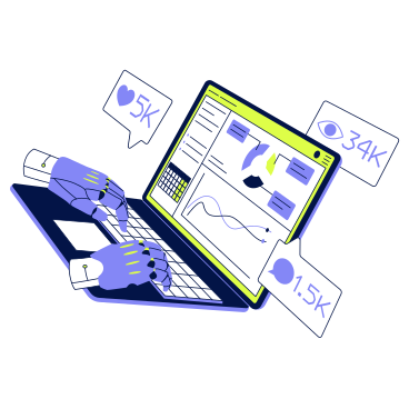 Ilustración animada de Manos robóticas, portátiles y marketing digital en GIF, Lottie (JSON), AE