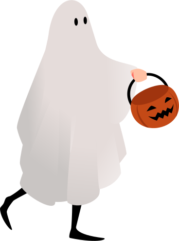 woman in a ghost costume with a bag shaped like a pumpkin PNG, SVG