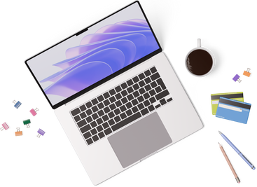 Vue de dessus d'un ordinateur portable, de cartes de crédit, d'une tasse, d'un stylo et d'un crayon PNG, SVG