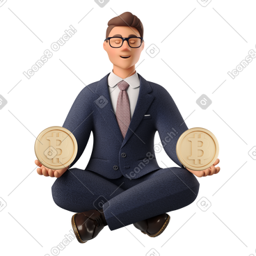 Businessman meditating with bitcoins in hands PNG, SVG