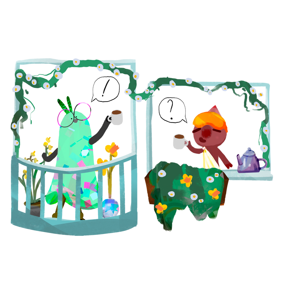 Neighbours talking on the balcony with flowers Illustration in PNG, SVG