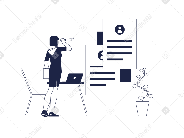 Woman with spyglass looking through candidates resumes Illustration in PNG, SVG