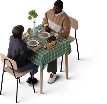 isometric view of young girl and young man having dinner together PNG, SVG