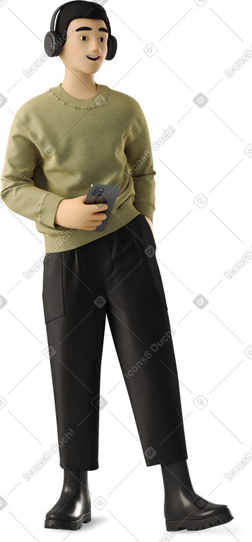 Young guy stands and listens to music PNG, SVG