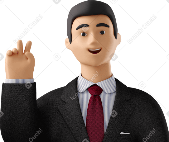 3D close up of businessman in black suit with peace sign hand PNG、SVG
