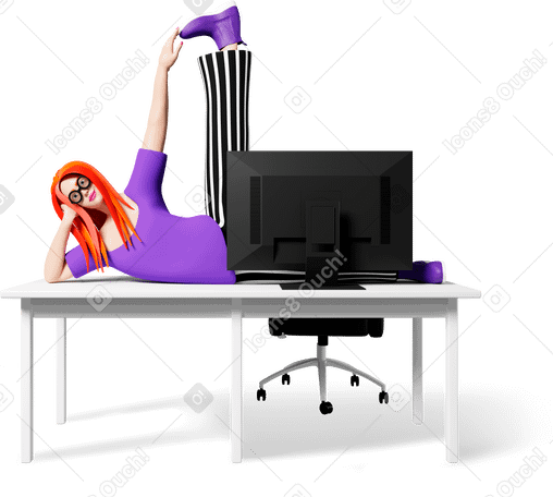 3D woman at computer screen fooling around on office desk PNG, SVG