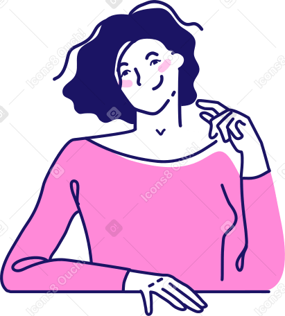 smiling woman with wavy hair sitting at the table Illustration in PNG, SVG