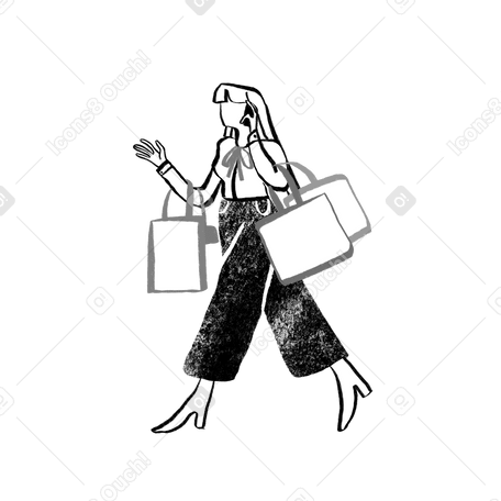 Black and white woman walking with shopping bags Illustration in PNG, SVG