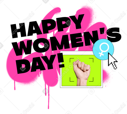 Texto feliz día de la mujer con símbolo femenino, puño y graffiti rosa go girl PNG, SVG