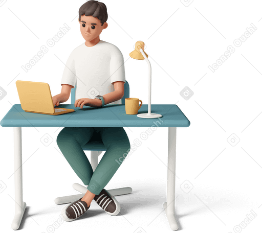 3D young man working at desk PNG, SVG