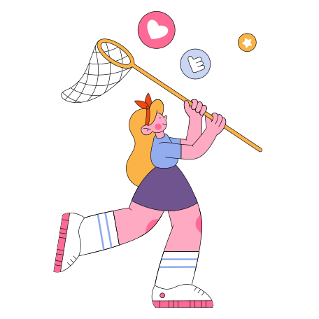 Иллюстрация Девушка с сачком ловит лайки и звезды в PNG и SVG