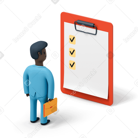 3D Businessman looking at completed checklist on clipboard Illustration in PNG, SVG