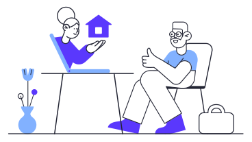 Man sits in a chair and a girl shows the house through a laptop PNG, SVG
