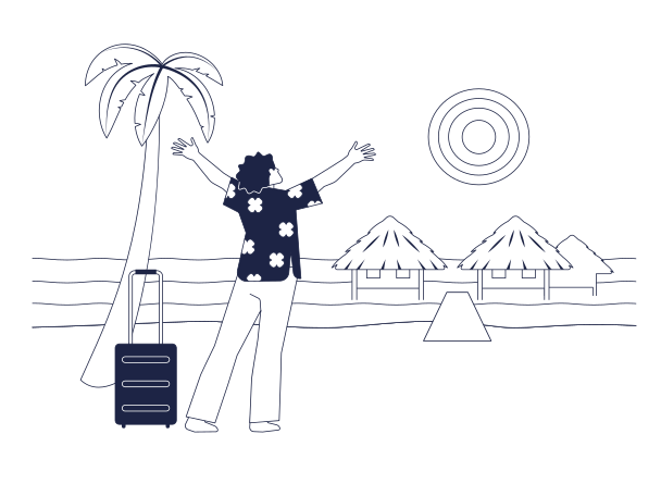 Man in Hawaiian shirt on background of ocean, palm trees and beach houses Illustration in PNG, SVG