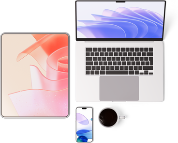 Top view of laptop, tablet, smartphone, cup of tea PNG, SVG