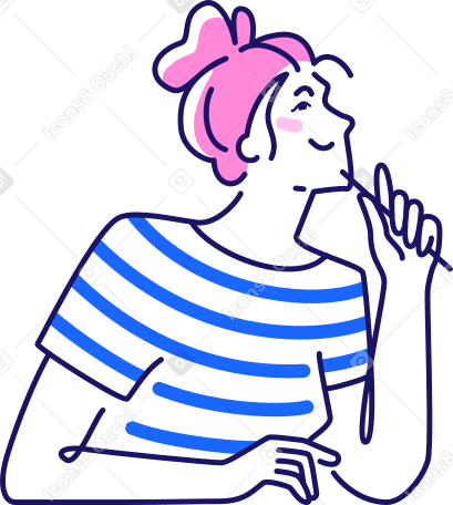 thinking woman in striped shirt sitting at the table Illustration in PNG, SVG