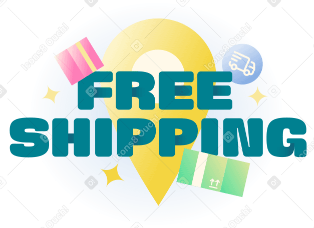 Lettering Free Shipping text with location sign and boxes PNG, SVG