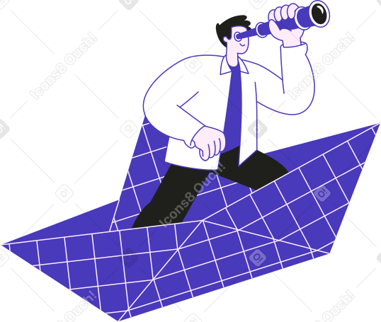 человек с подзорной трубой в бумажном кораблике в PNG, SVG