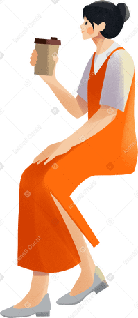 young woman in orange dress sitting and drinking coffee PNG, SVG