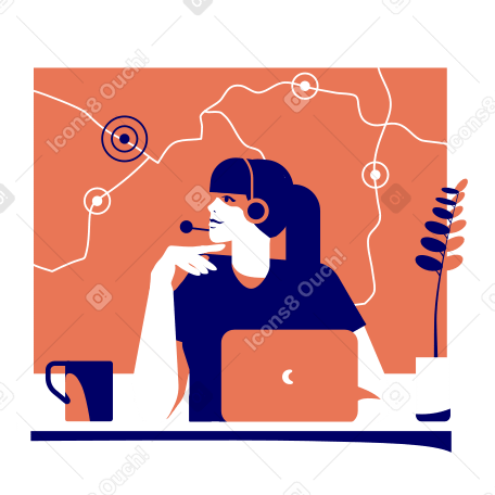 Woman in headphones working on a laptop in the office Illustration in PNG, SVG