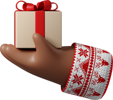 Темно-коричневая кожаная рука в белом свитере с рождественским узором держит подарочную коробку в PNG, SVG