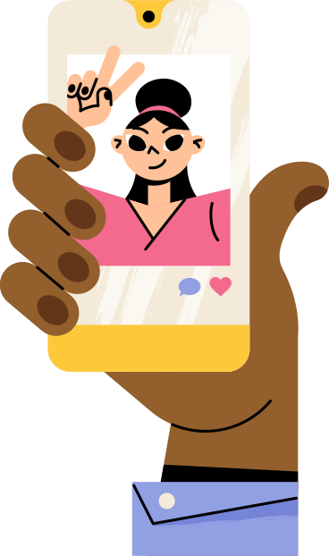Hand, die ein mobiltelefon mit einem bild einer frau hält animierte Grafik in GIF, Lottie (JSON), AE
