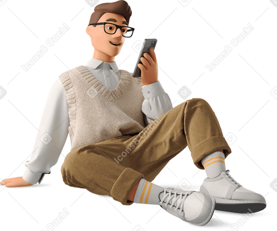 3D Молодой человек в формальной одежде сидит на полу с телефоном в PNG, SVG