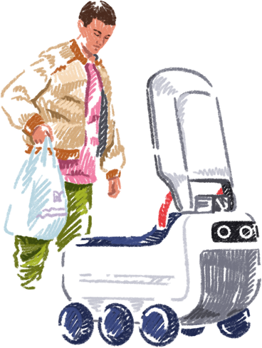 Young man getting delivery by a delivery robot PNG, SVG
