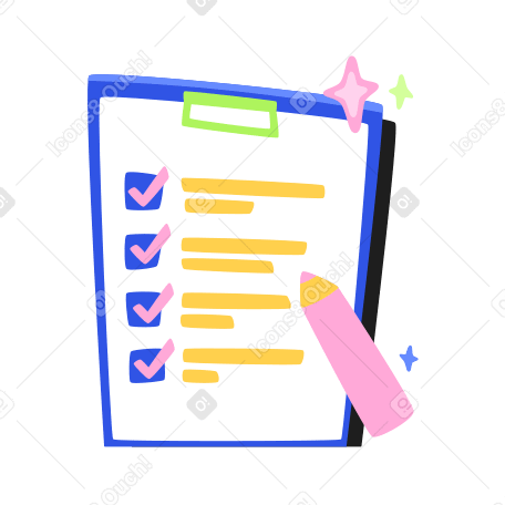 Ausgefülltes checklistenformular auf einem klemmbrett und bleistift animierte Grafik in GIF, Lottie (JSON), AE