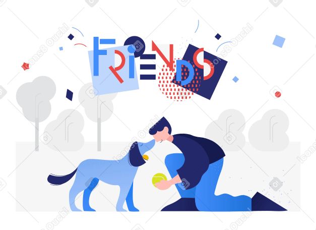 Надписи друзей и мужчина, играющий с собакой в PNG, SVG