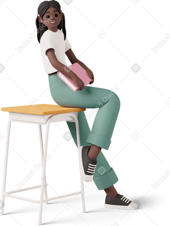 3D black girl leaning on desk and holding book Illustration in PNG, SVG